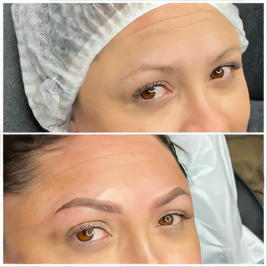 Before and after pictures of a woman's Amy eyebrows.