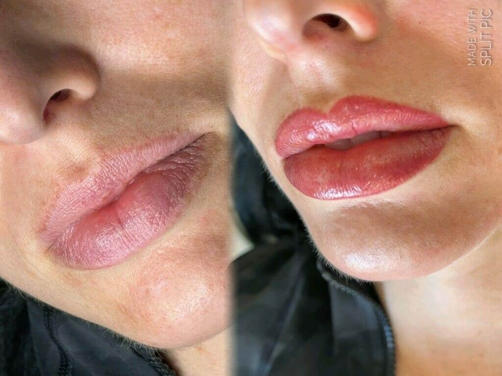 A woman's lips before and after lip injections, featuring Amy Dark Heart.