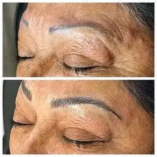 Before and after pictures of Christine Reynolds' eyebrows.