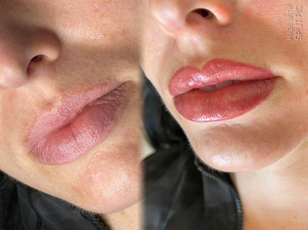 A woman's lips before and after cosmetic injections.