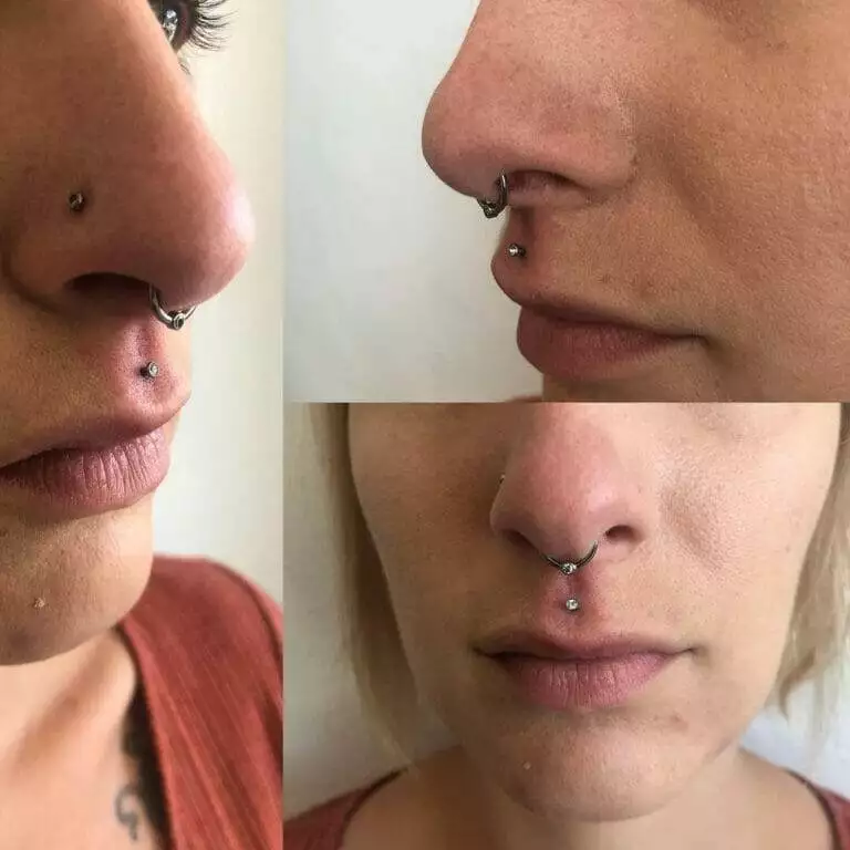 A woman's transformation before and after getting a nose piercing.