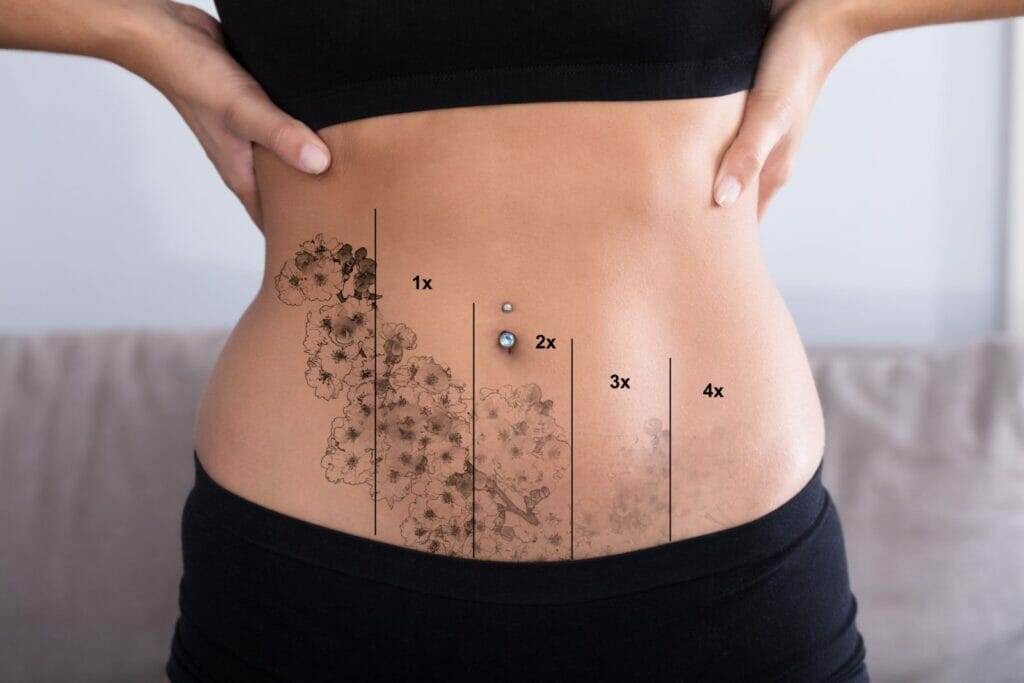 Awoman's stomach is shown with tattoos.